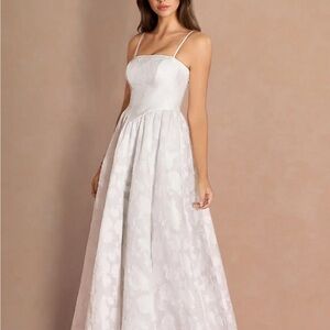 Azazie “Nora” White Floral Jacquard Spaghetti Strap Maxi Gown